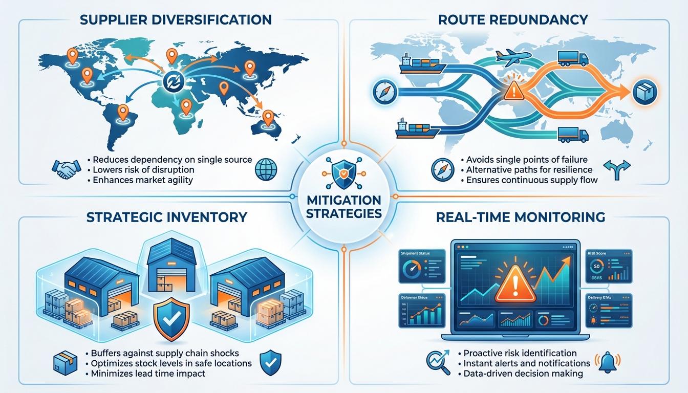 Four supply chain geographic risk mitigation strategies including diversification redundancy inventory and monitoring