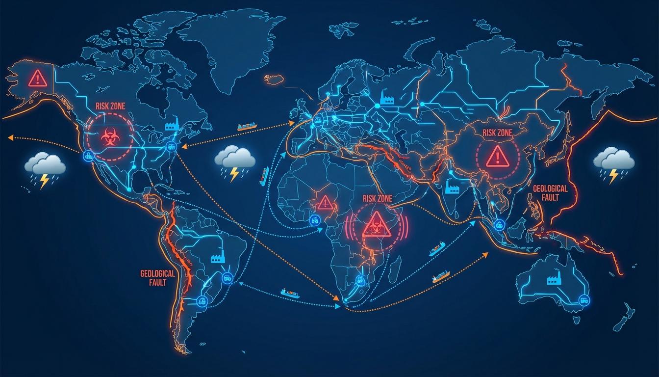 World map showing global supply chain network with geographic risk indicators and warning zones across different regions