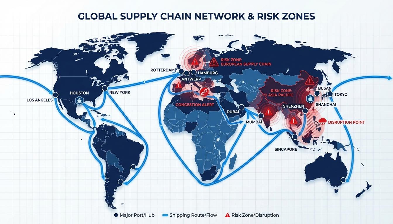 Global supply chain network map showing geographic risk concentration points and shipping routes