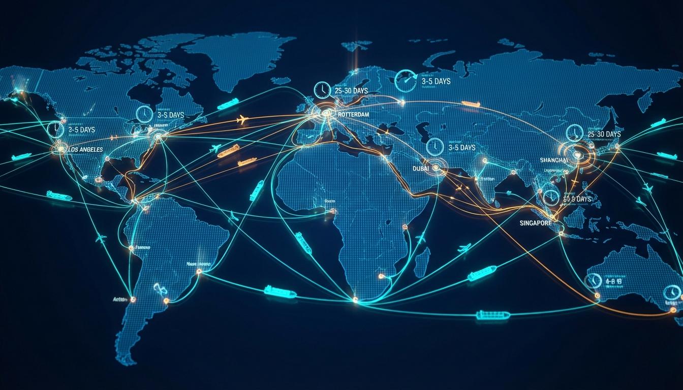 Global supply chain map showing shipping routes and lead time variability factors