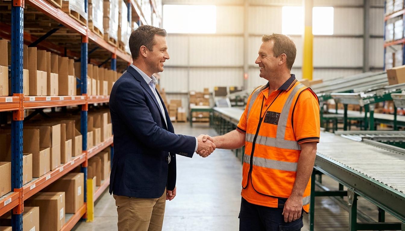 Business owner shaking hands with 3PL warehouse manager in modern fulfillment center