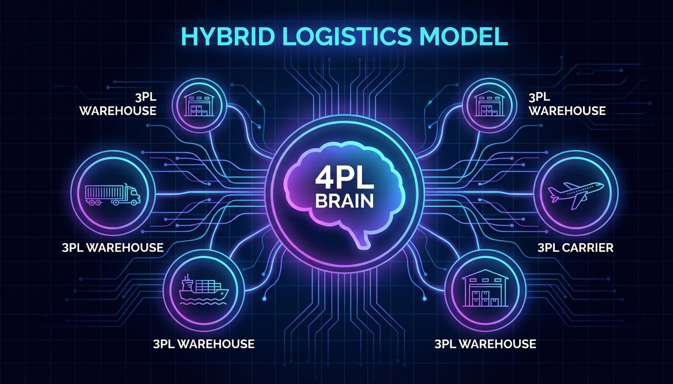 Hybrid logistics model showing 4PL brain coordinating multiple 3PL providers in integrated network