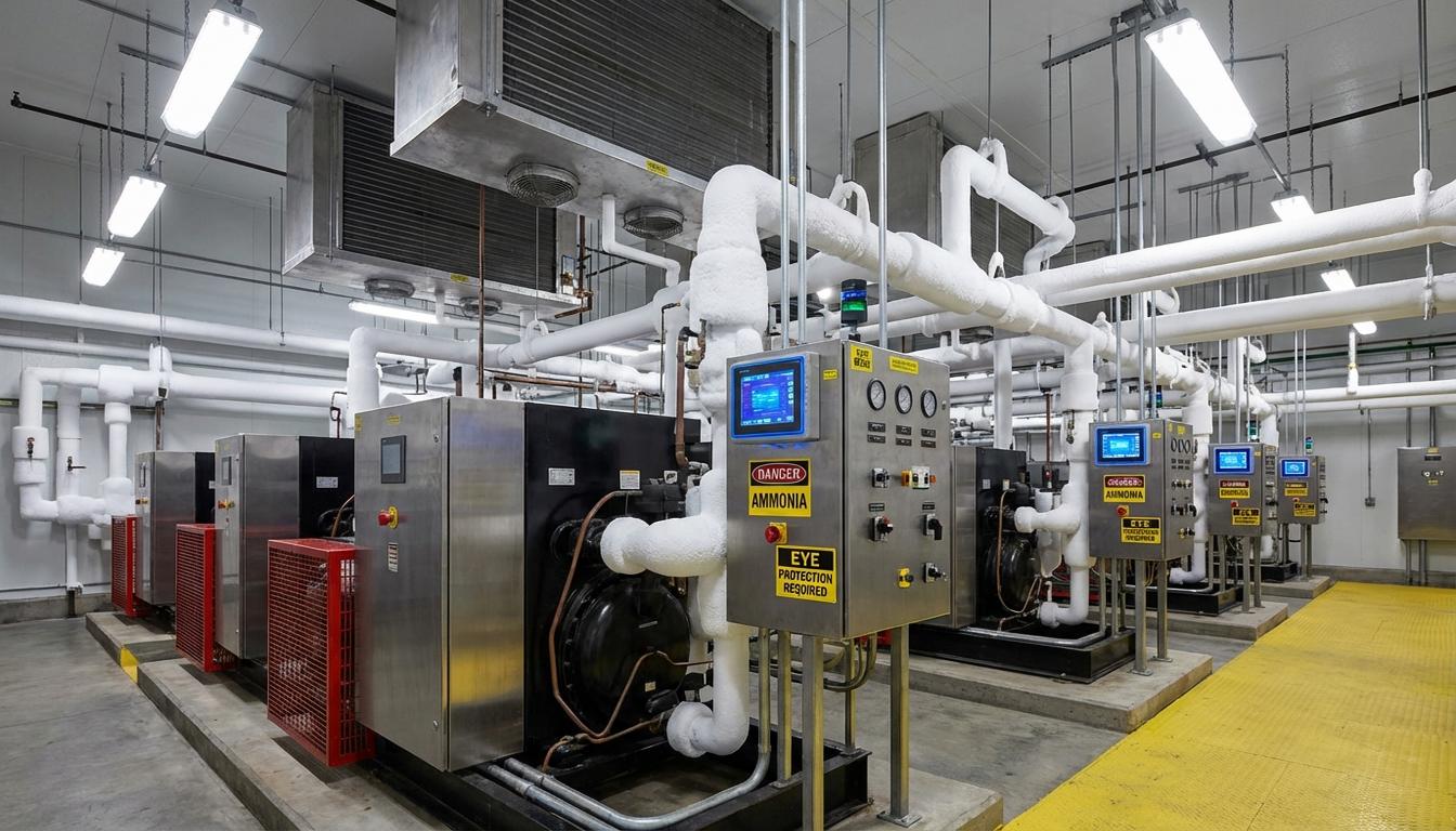 Industrial ammonia refrigeration system with compressors and evaporators in cold storage facility