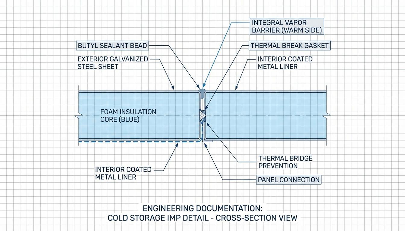Cross-section of insulated metal panels showing thermal barrier and vapor barrier layers