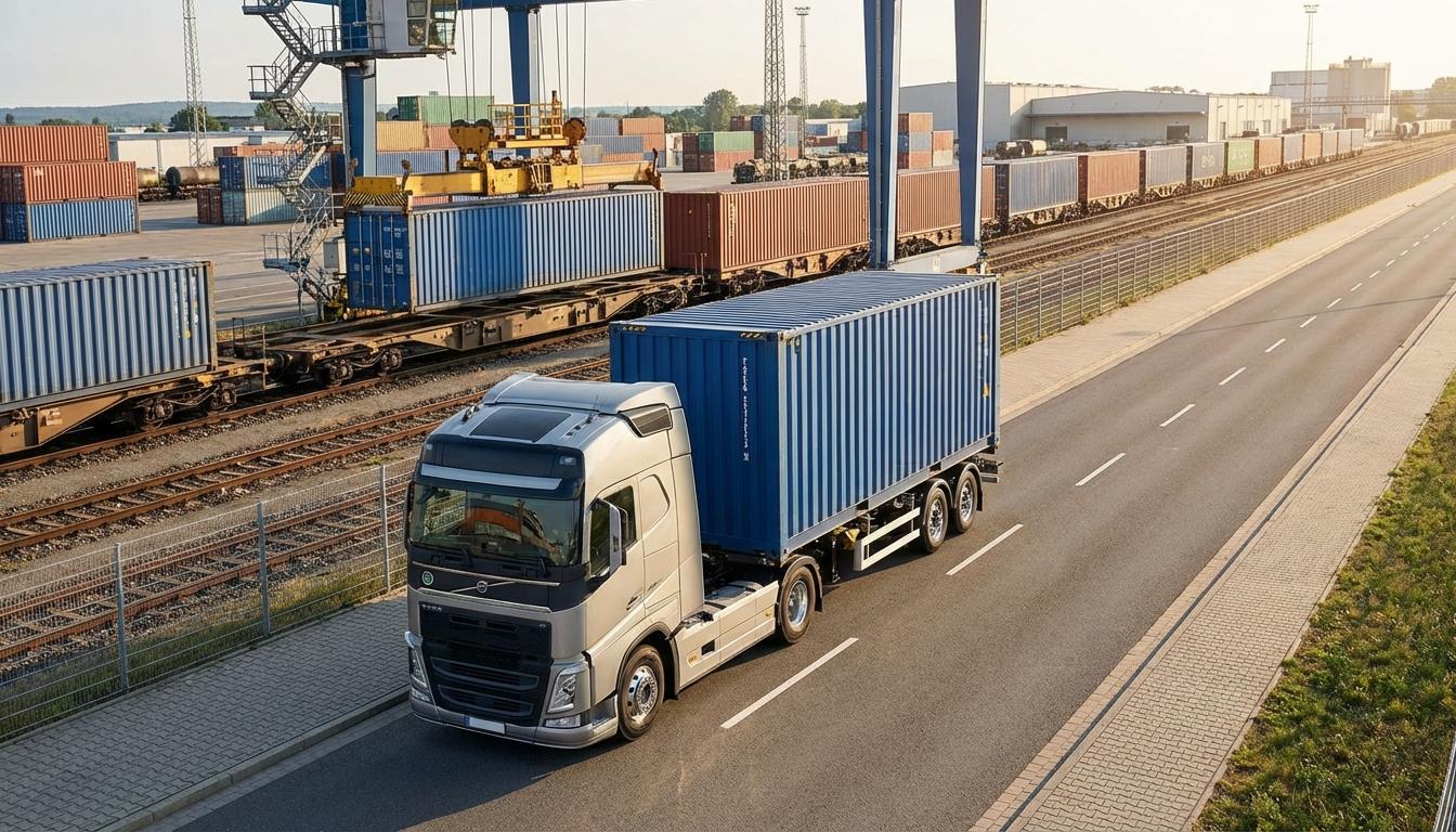 Drayage truck transporting shipping container from rail terminal to warehouse for last mile delivery