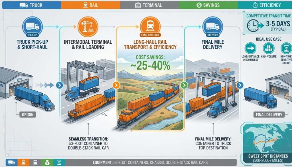 Intermodal freight shipping journey showing truck-rail-truck container transfer with cost savings, equipment types, and ideal long-distance use cases