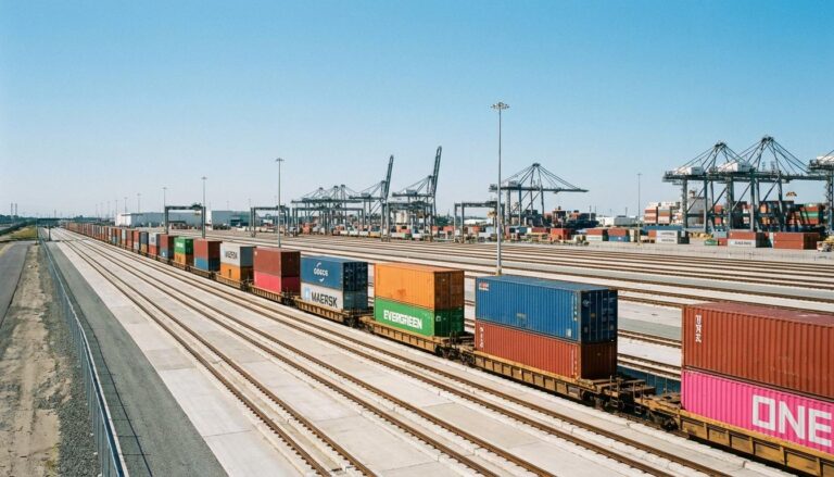 Intermodal freight shipping containers stacked on rail cars at a busy transportation terminal