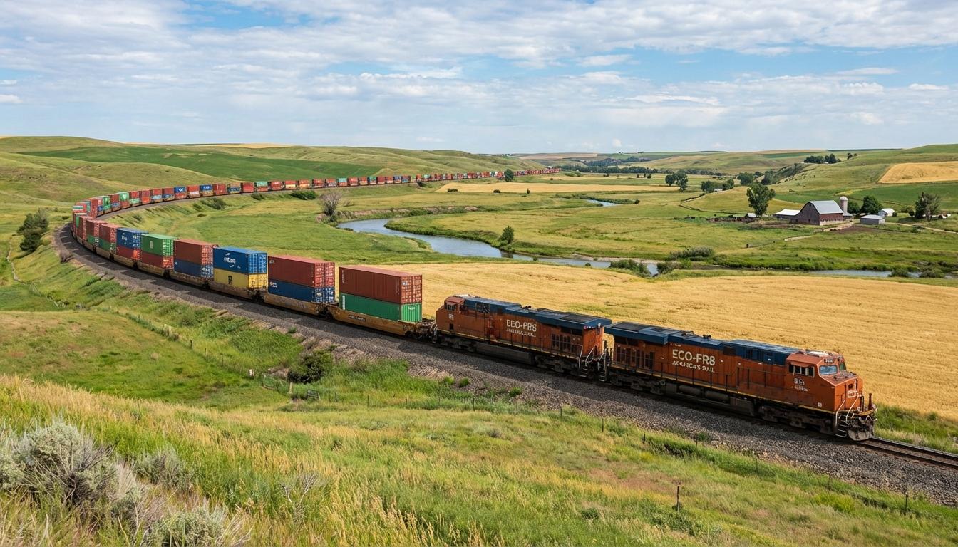 Intermodal freight train carrying double-stacked shipping containers through scenic landscape
