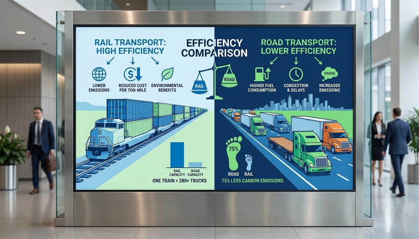 Cost comparison visualization showing intermodal rail shipping savings versus long-haul trucking
