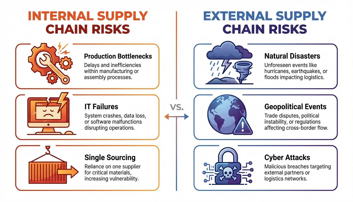 Internal versus external supply chain risks comparison diagram with threat categories
