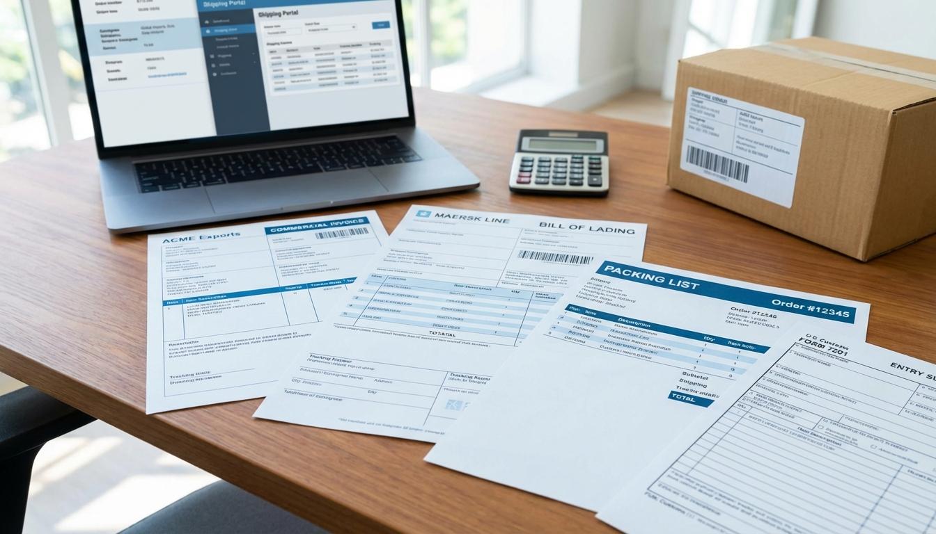 Stack of international shipping documents including commercial invoice, bill of lading, and customs forms on desk Stack of international shipping documents including commercial invoice, bill of lading, and customs forms on desk