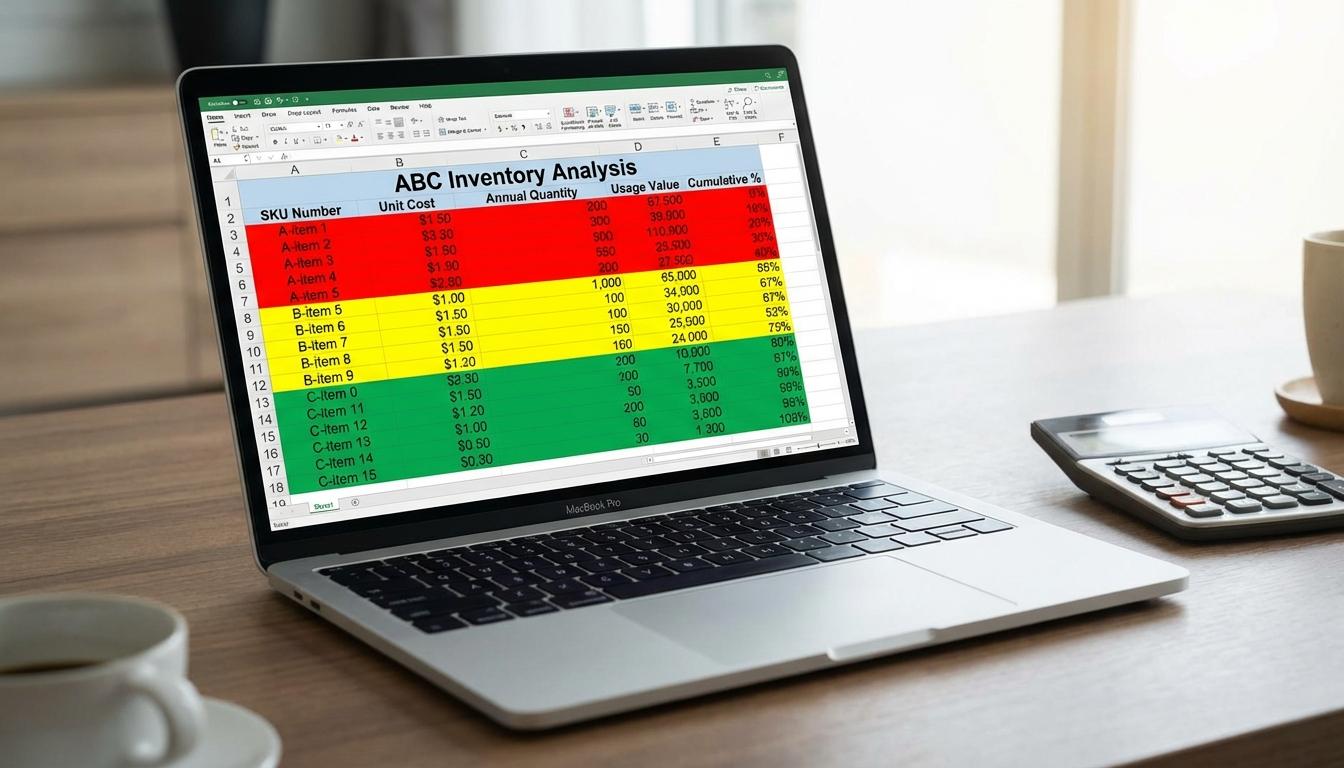 ABC inventory analysis spreadsheet showing SKU ranking by annual usage value with cumulative percentages