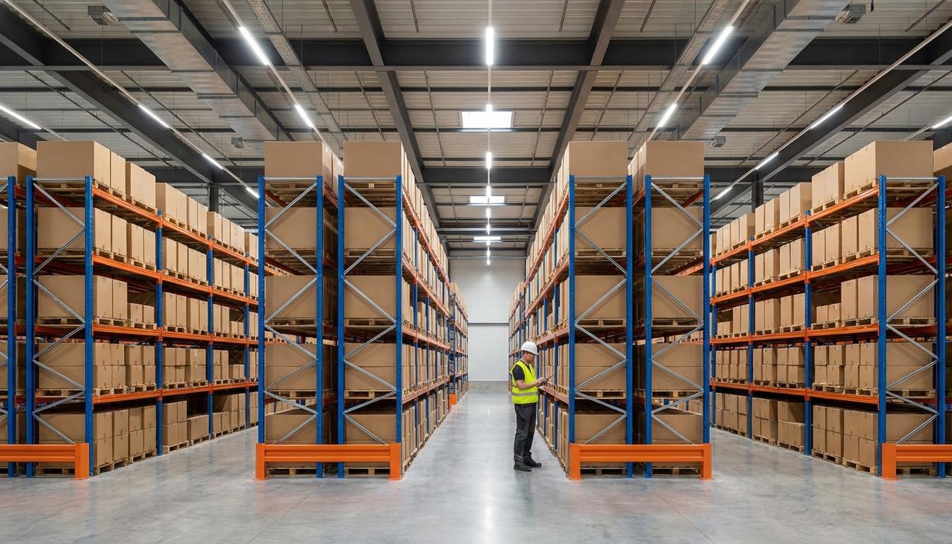 Modern warehouse with organized inventory shelves showing efficient stock management and inventory control systems
