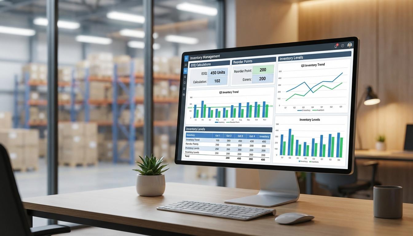 Inventory management software dashboard displaying EOQ calculations and reorder point analytics