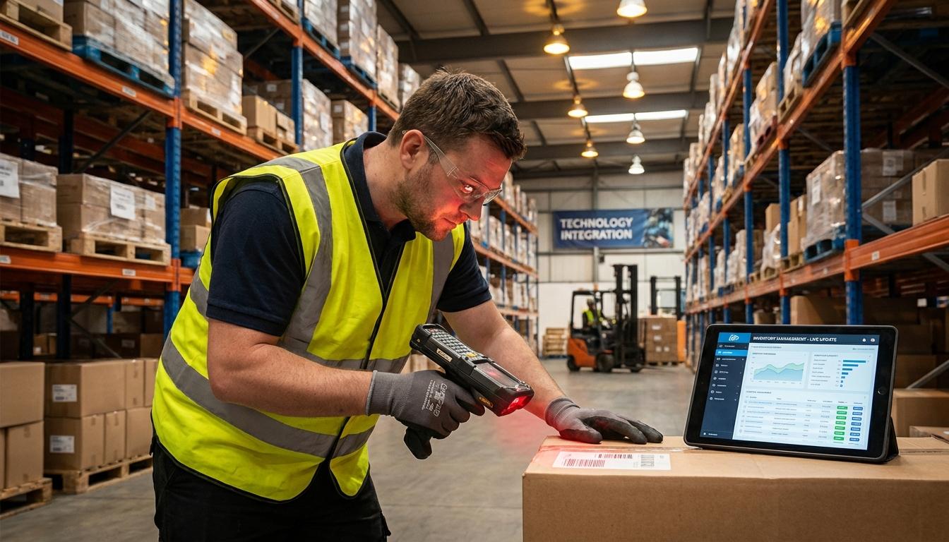 Warehouse worker using barcode scanner and tablet for real-time inventory tracking and control
