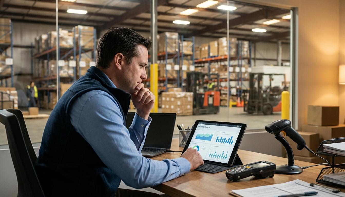 Warehouse manager analyzing barcode and RFID options for supply chain inventory management decision