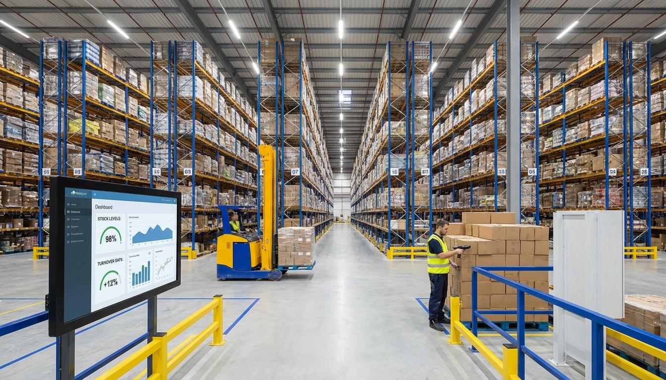 Efficient warehouse inventory management system with organized stock rotation and barcode scanning