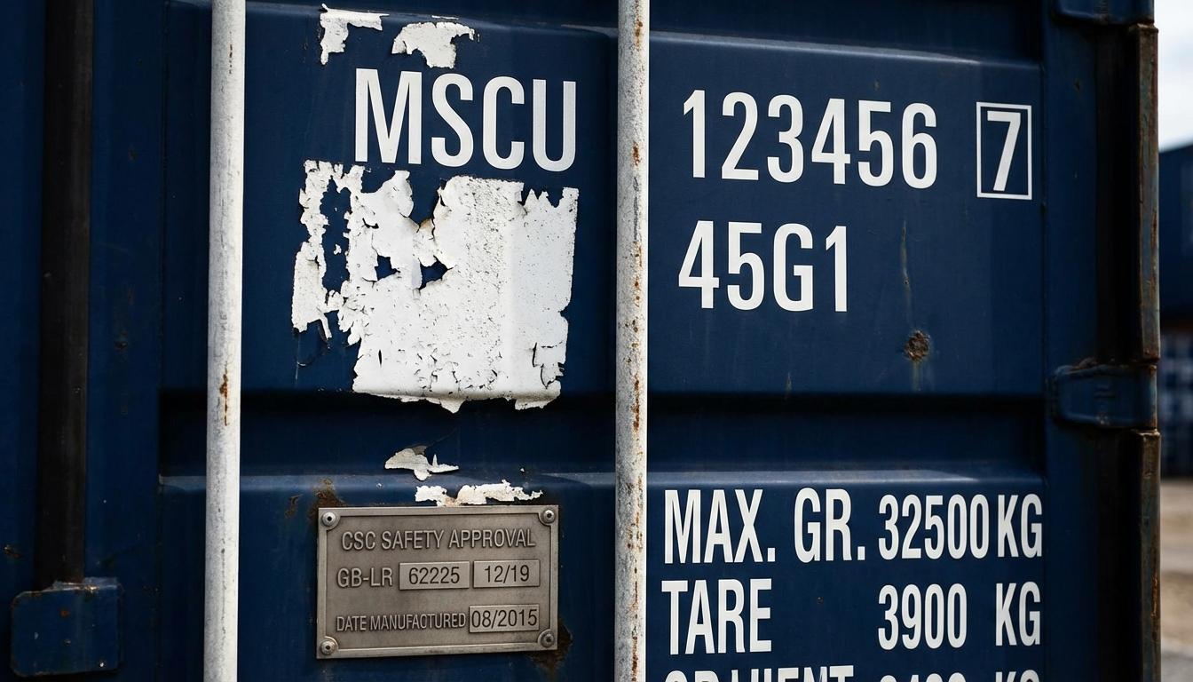 ISO shipping container door showing BIC code markings and identification numbers