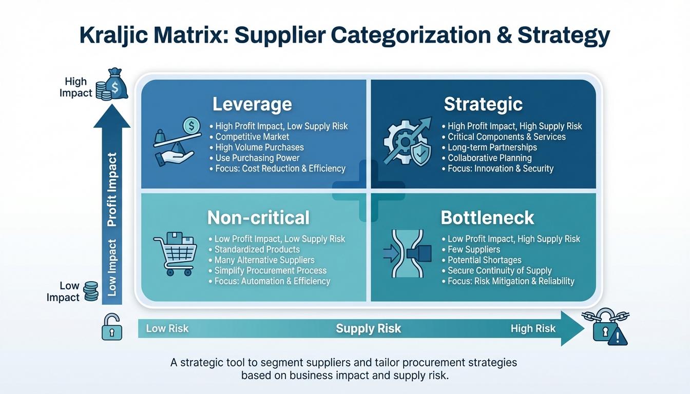 Kraljic Matrix diagram showing supplier categorization by profit impact and supply risk