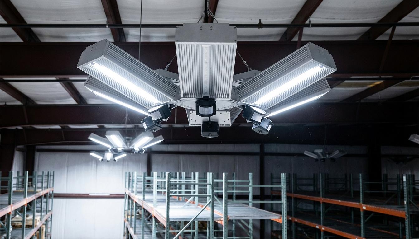 LED high-bay warehouse lights with motion sensors installed in distribution center aisle