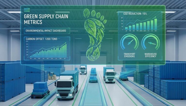 Logistics carbon footprint measurement concept showing trucks, containers, and CO2 emission tracking dashboard graphics