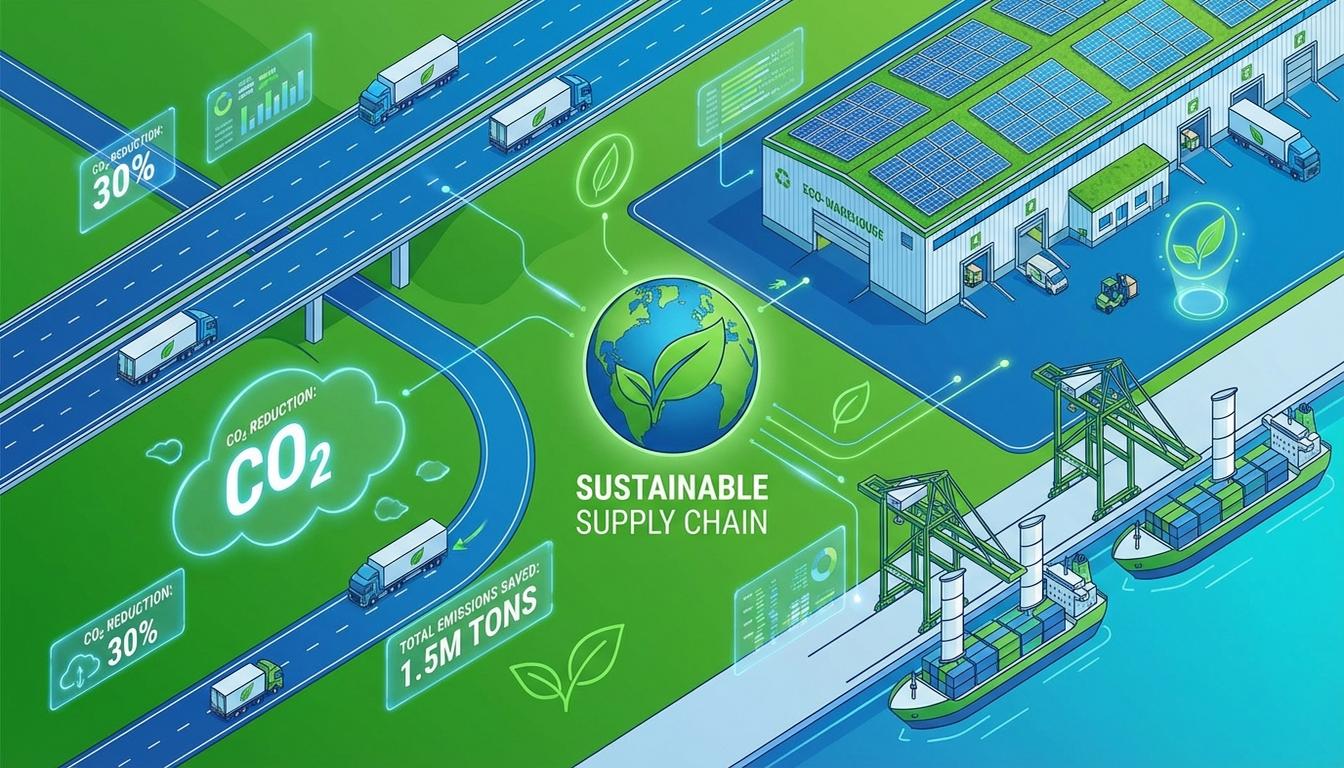 Logistics carbon footprint measurement showing trucks, warehouses, and CO2 emissions tracking dashboard