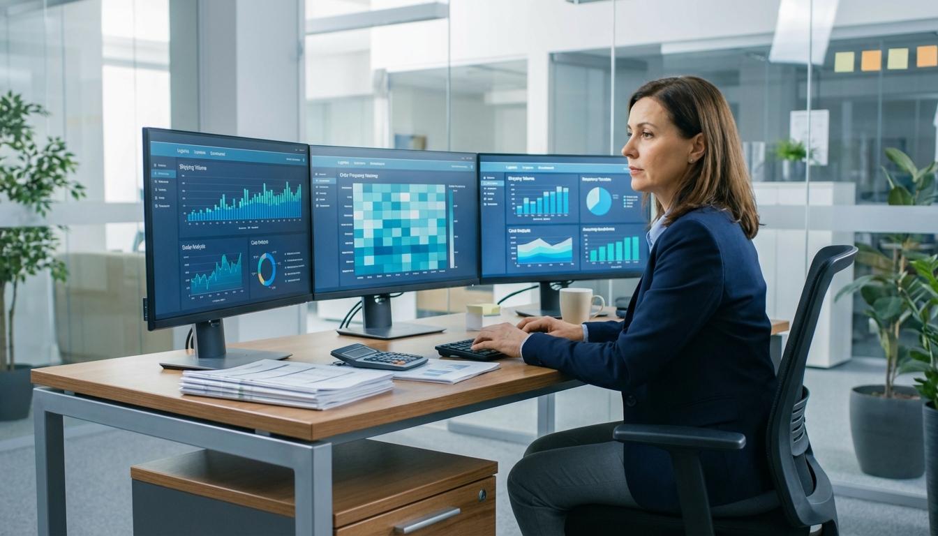 Supply chain manager analyzing logistics data and shipment volumes on computer dashboard