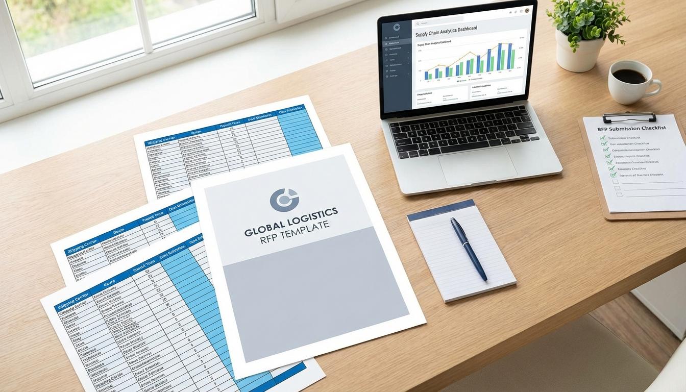 Professional logistics RFP template document with checklist and supply chain data spreadsheets on desk