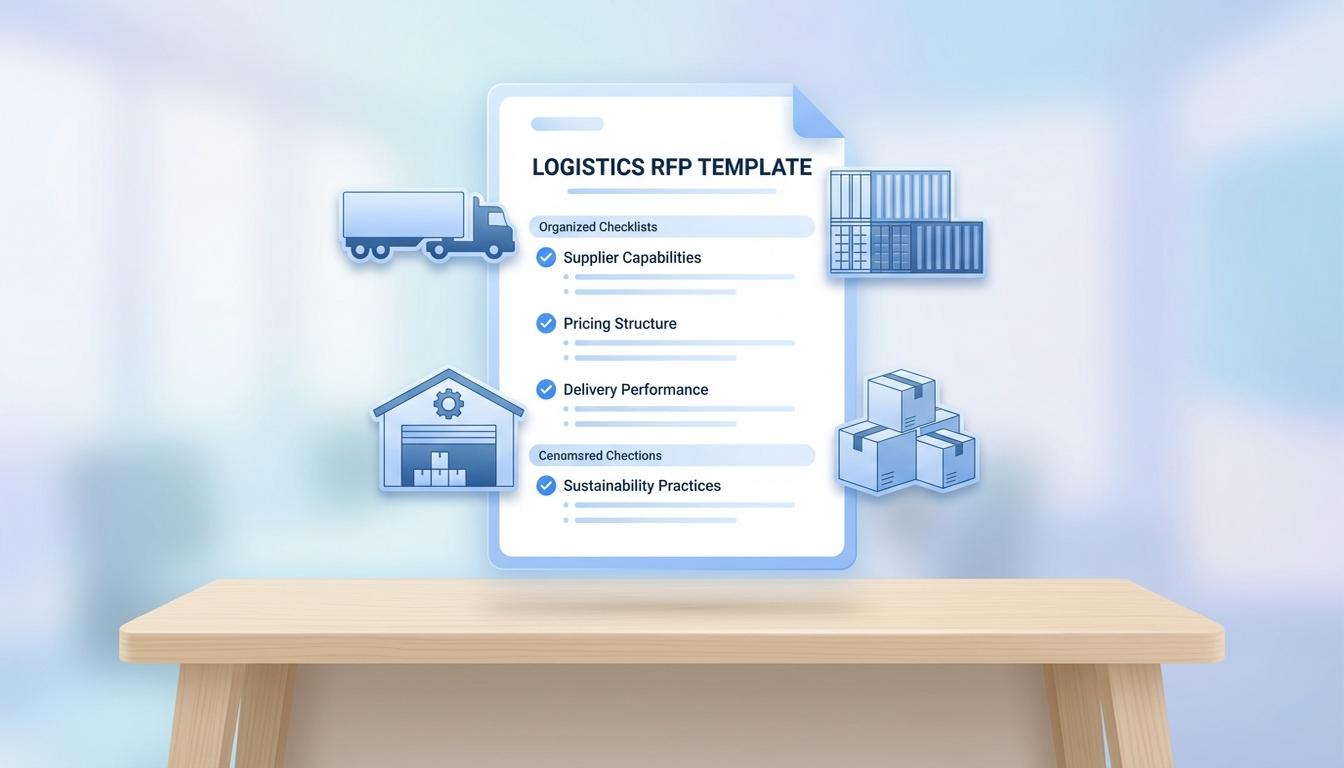 Logistics RFP template document surrounded by transportation and warehousing icons in professional blue color scheme