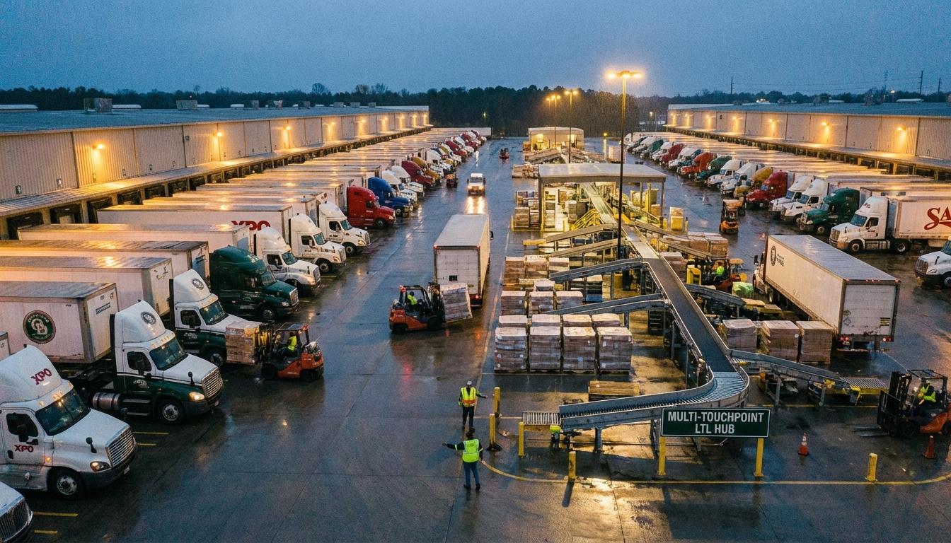 LTL freight hub and spoke terminal network showing pallets being transferred between trucks