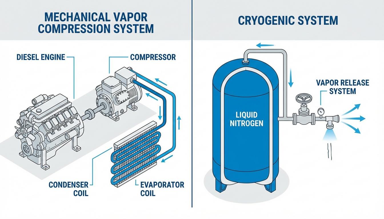 Mechanical diesel refrigeration unit compared to cryogenic liquid nitrogen cooling system Mechanical diesel refrigeration unit compared to cryogenic liquid nitrogen cooling system