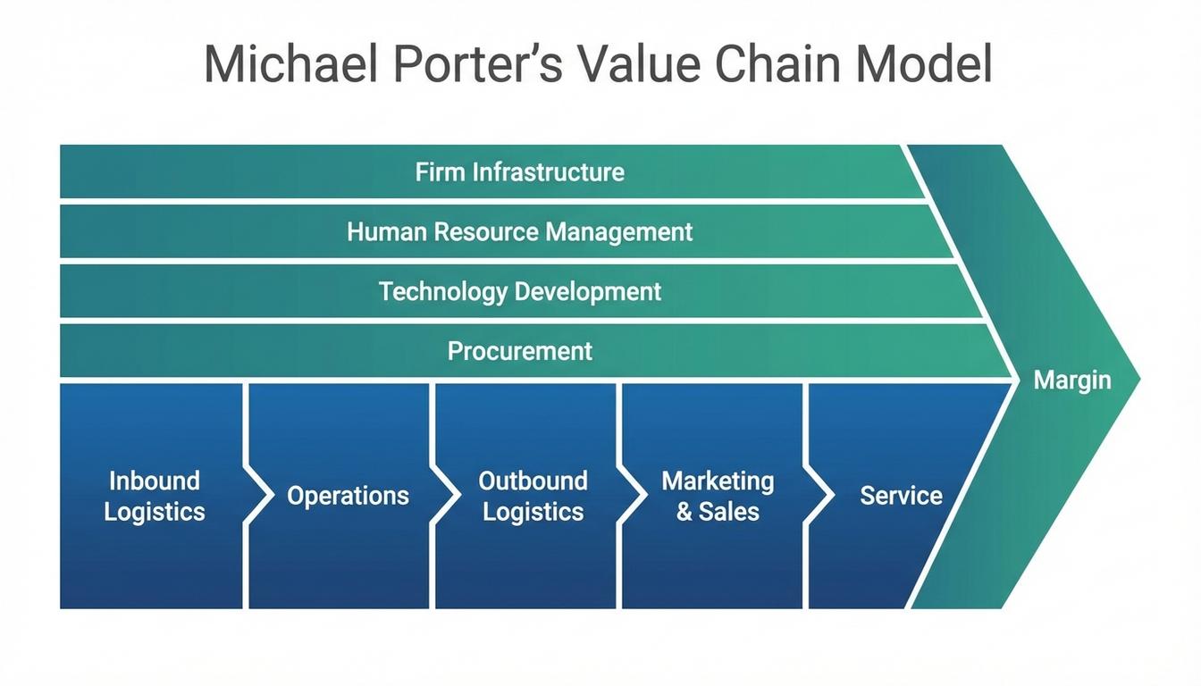 Michael Porter value chain model showing primary and support activities for competitive advantage