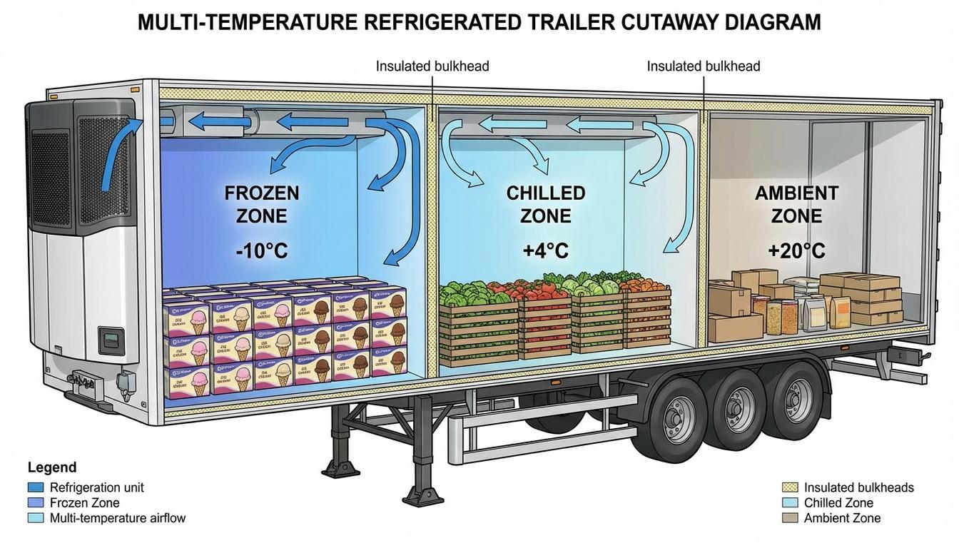 Multi-temperature refrigerated trailer interior showing separate frozen and chilled cargo zones Multi-temperature refrigerated trailer interior showing separate frozen and chilled cargo zones