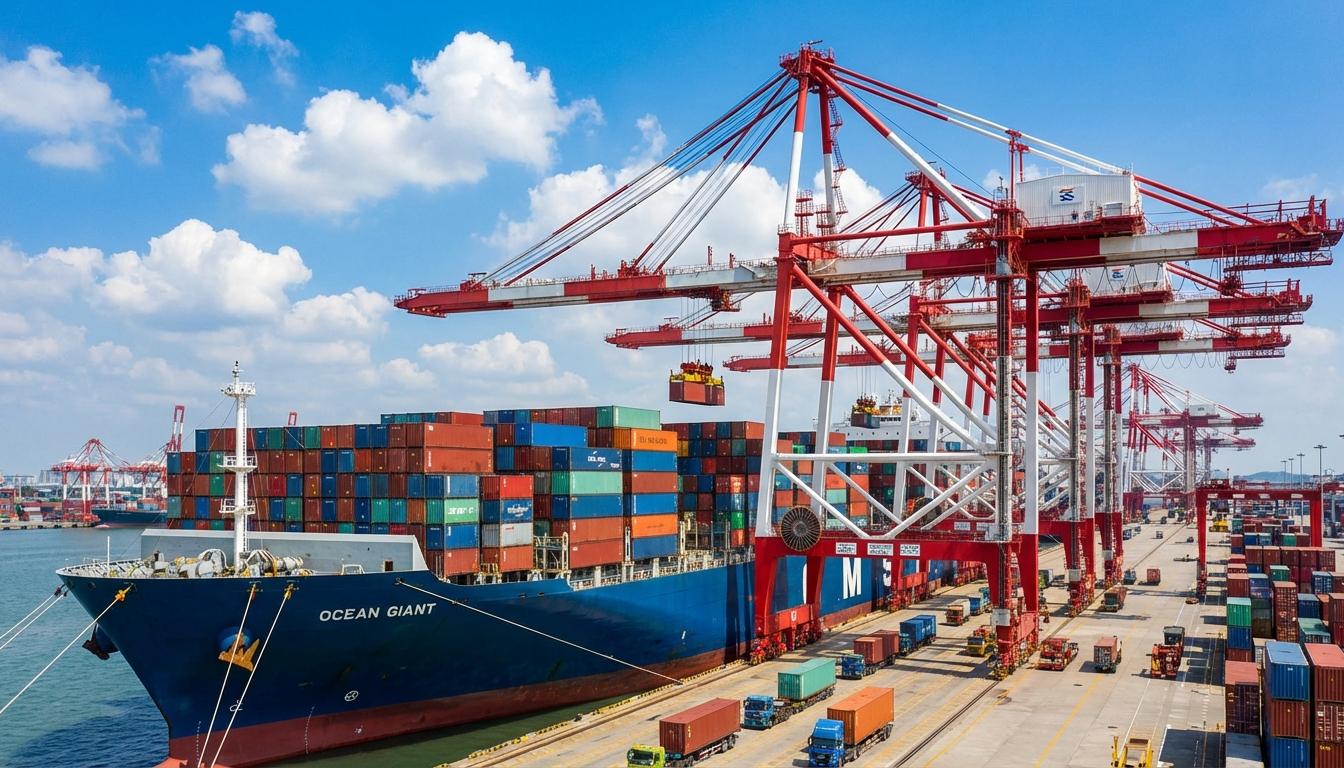 Ocean freight container ship at port with gantry cranes loading shipping containers