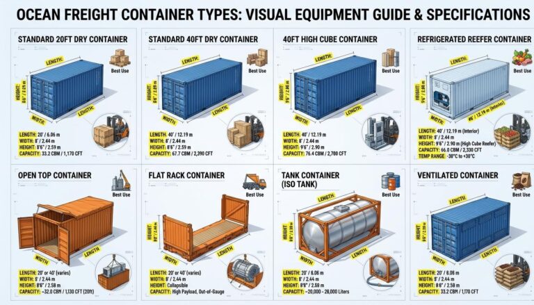 Ocean freight container types visual catalog displaying dry containers, reefers, open tops, flat racks, and tank containers with dimensions and cargo uses