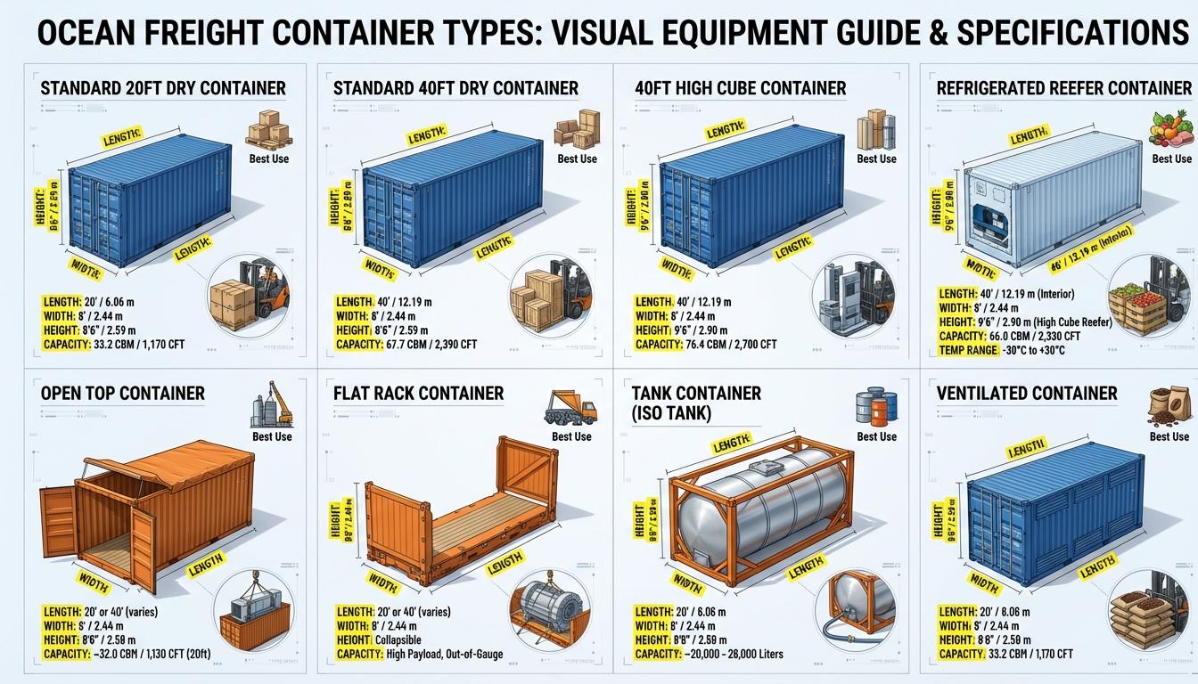 Ocean freight container types visual catalog displaying dry containers, reefers, open tops, flat racks, and tank containers with dimensions and cargo uses