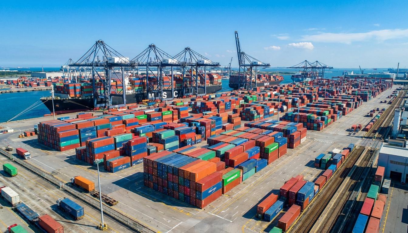 Various ocean freight container types stacked at shipping port terminal with cargo cranes