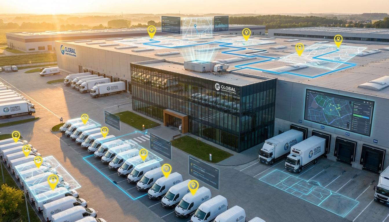 Delivery truck fleet with GPS tracking technology ensuring on-time delivery performance