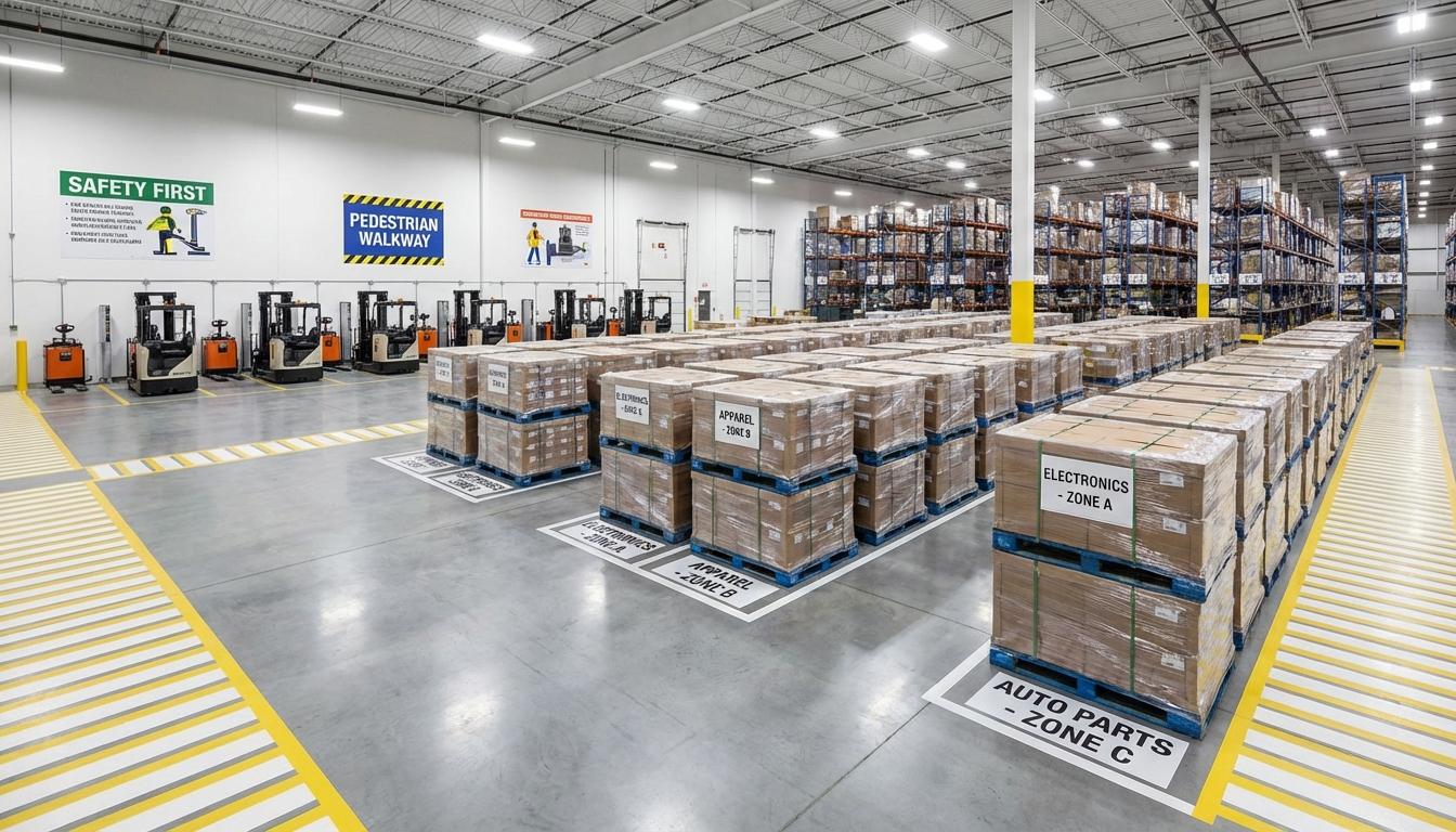 Well-organized warehouse staging area with clearly marked lanes and sorted inventory pallets