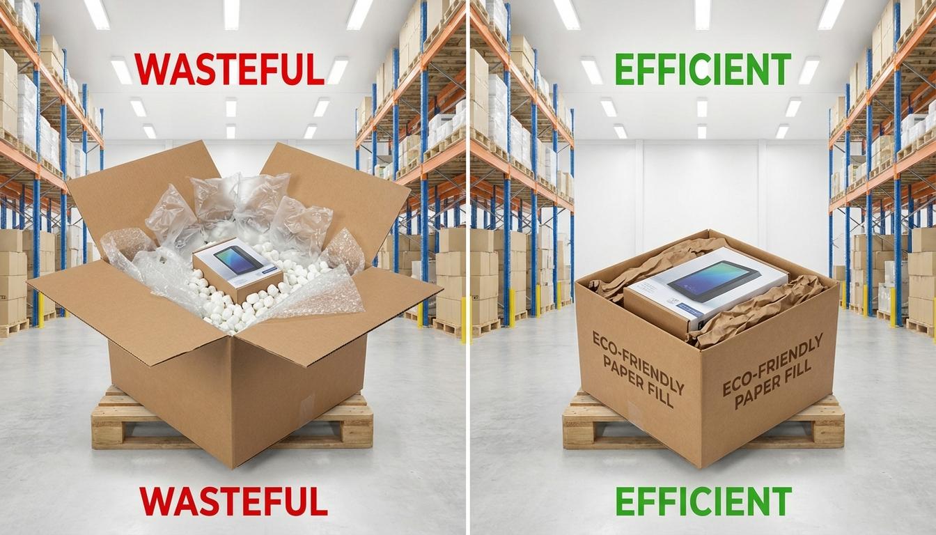 Packaging waste reduction strategies showing right-sized boxes and minimal shipping materials comparison