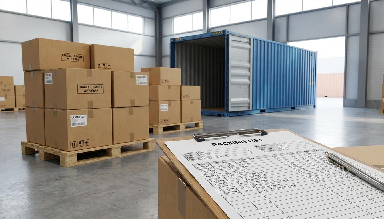 Customs packing list document with shipping boxes and cargo containers in warehouse setting