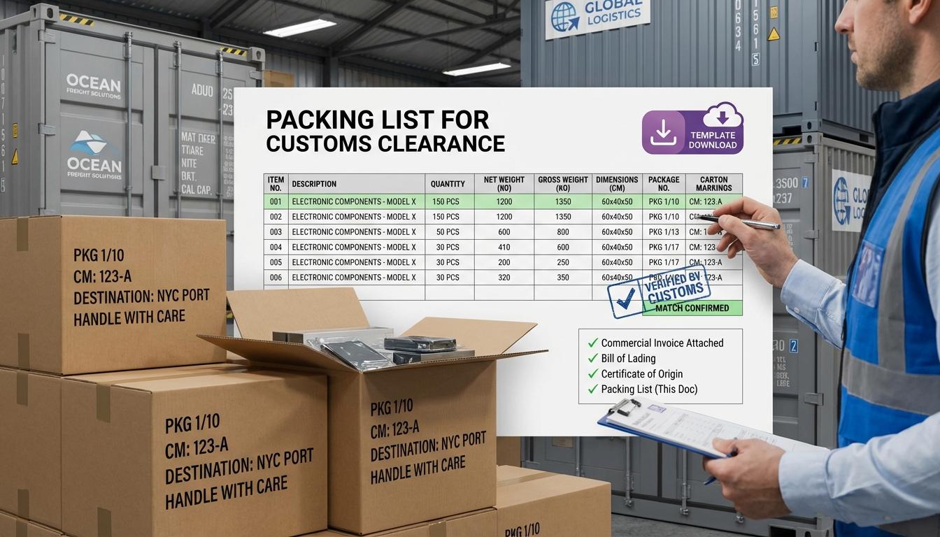 Packing list for customs clearance showing itemized shipment contents with quantities weights dimensions matching physical cargo and customs inspector verification