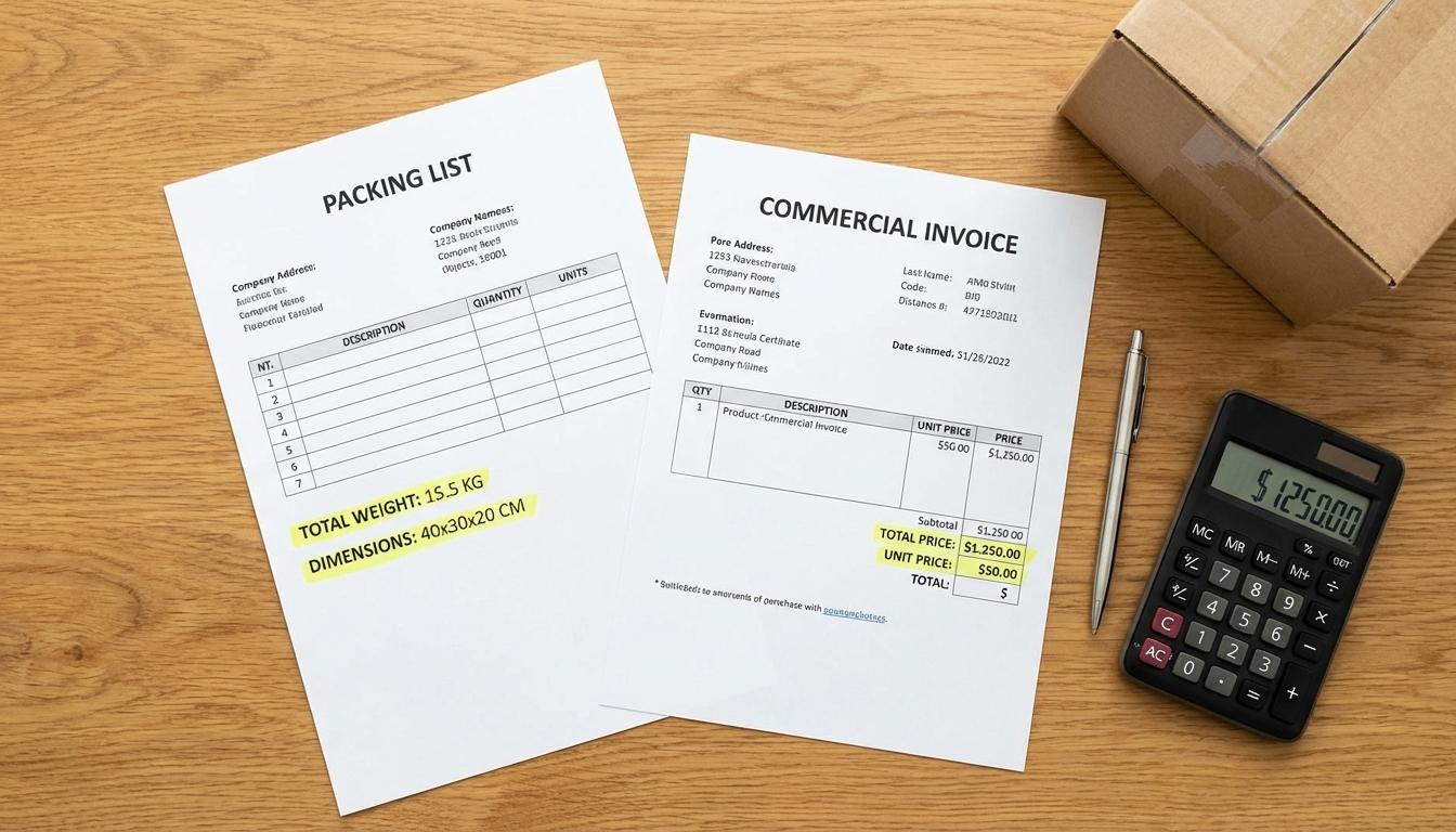 Side by side comparison of packing list and commercial invoice shipping documents