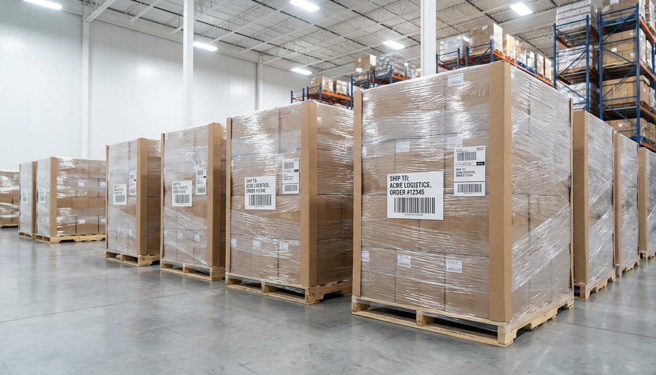 Properly packaged freight pallets with shrink wrap and corner boards for safe LTL and FTL shipping