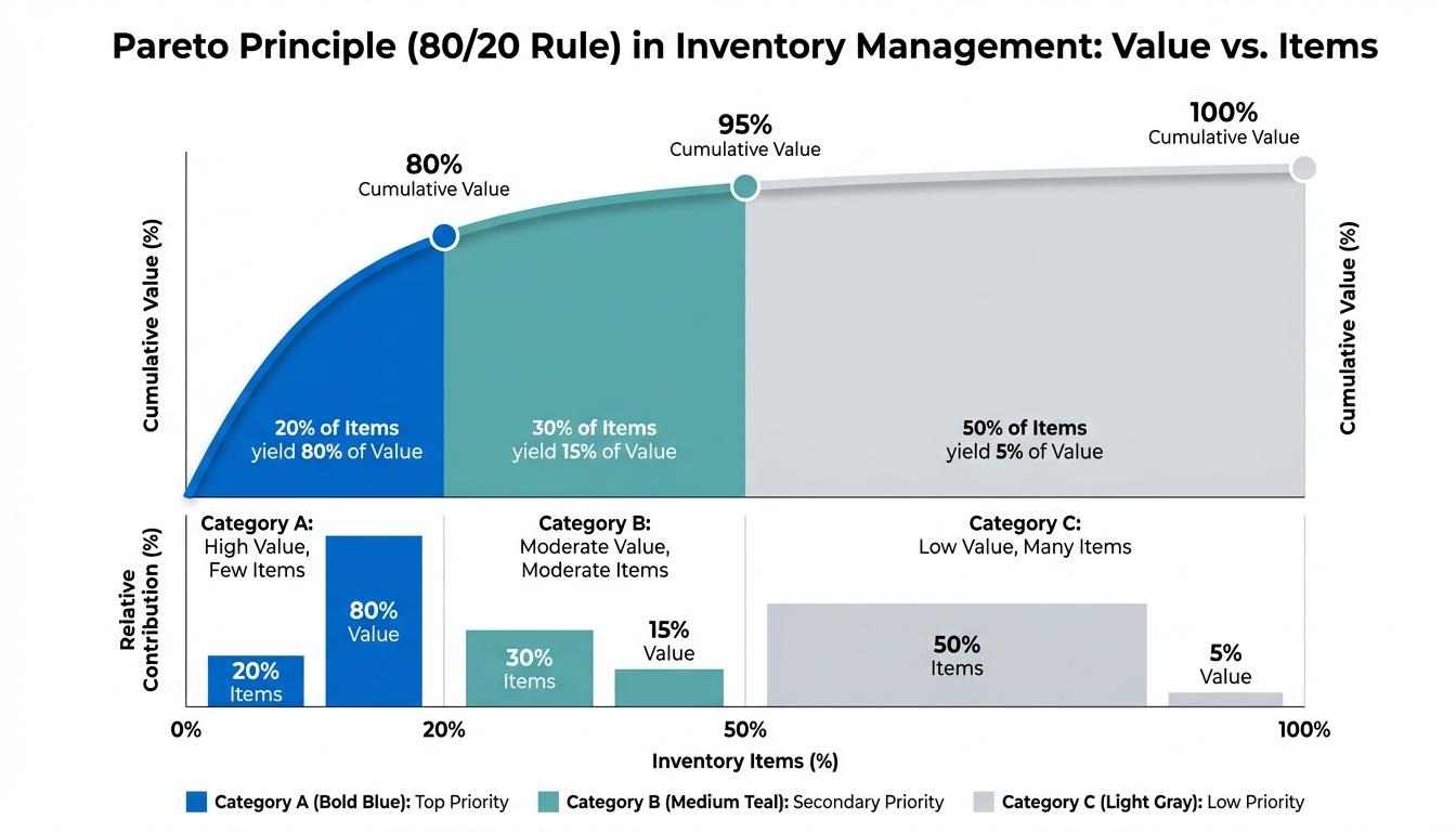 Pareto principle 80-20 rule chart showing inventory value distribution across ABC categories