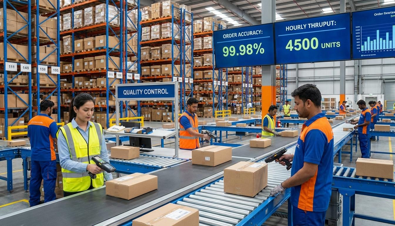 Warehouse fulfillment process showing perfect order delivery with accurate documentation and quality control
