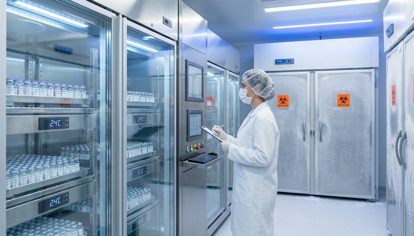 Pharmaceutical cold chain storage facility with vaccine vials and temperature monitoring equipment