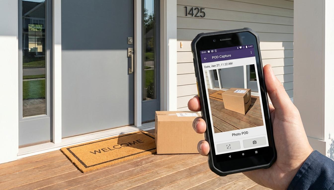 Photo proof of delivery showing package safely placed at front door for contactless delivery