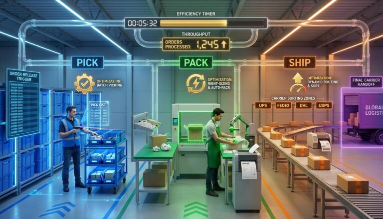 Pick pack ship fulfillment pipeline showing connected order picking with RF scanners packing station operations and shipping conveyor to carrier handoff with efficiency metrics