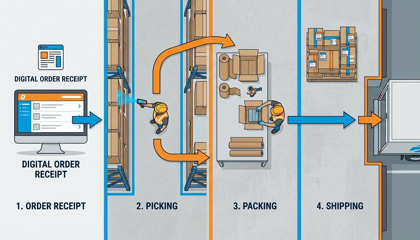 Pick pack ship process workflow diagram showing order fulfillment stages in a warehouse